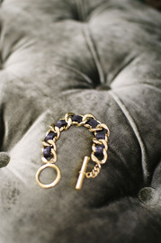 Vintage Chanel Wide Black Leather X Gold Chain Strap Bracelet