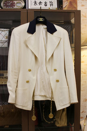 Vintage Chanel Creme and Navy Dangling Details Jacket size 42 from 1993