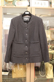 Pre Owned Chanel Black Tweed Jacket with Leather CC Buttons FR40