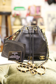 Vintage Chanel Black Caviar Small Bucket Bag with 2 Golden Balls