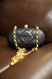 Vintage Chanel Black Lambskin Box Clutch with Heavy Chain
