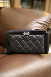 Chanel Pre Owned Boy Black Caviar Quilted Leather Zip Around Wallet Small Clutch Silver Hardware