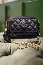 Vintage Chanel Black Lambskin Small Camera Tassel Bag