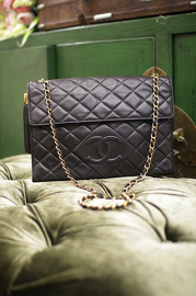 Vintage Chanel Black Diamond Quilted Tassel Flap Bag 27cm wide