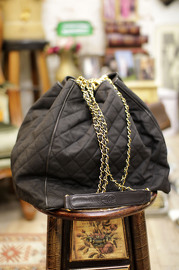Vintage Chanel Large Sized Black Leather x Canvas Quilted Bucket Bag