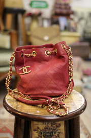 Vintage Chanel Small Red Lambskin Quilted Leather Bucket Bag With 2 Golden Straps Rare