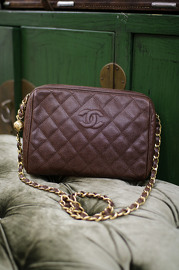 Vintage Chanel Brown Caviar Quilted Camera Bag  with Golden Ball