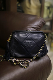 Vintage Chanel Navy Lambskin Small Clutch With Leather Fringe and Chain Strap