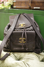 Beautiful Vintage Chanel Dark Brown CC Quilted Lambskin Leather Chain Backpack Medium Size RARE