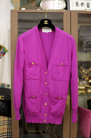 Vintage Chanel Magenta Cardigan with V-neck and CC Golden Buttons FR34