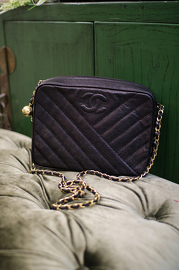 Vintage Chanel Black V-Stitch Caviar Leather Shoulder Golden Ball Bag