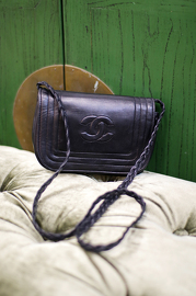 Vintage Chanel Black Lambskin Mini Shoulder Bag with Twisted Leather Strap Style