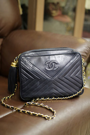 Vintage Chanel Chervon Navy Lambskin Tassel Bag
