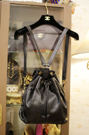 Vintage Chanel Black Lambskin Drawstring Backpack