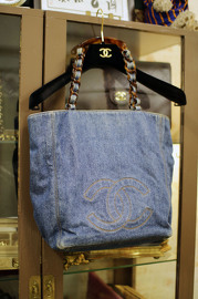 Vintage Chanel Denim Tote Bag with Tortoise Chains and Handles