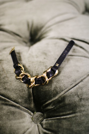 Vintage Chanel Black Leather X Gold Chain Leather Strap Bracelet