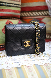 Vintage Chanel 7inch Mini Square Flap Black Quilted Lambskin Leather Shoulder Bag Rare Longer Chain Version