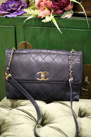 Vintage Chanel Navy Quilted Shoulder Bag 31cm Wide from 1987