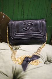 Vintage Chanel Black Lambskin Mini Bag with Tiny Multi Chains and Black Bow Feature