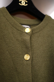 Vintage Chanel Military Green Cashmere Cardigan Size L