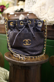 Vintage Chanel Navy Lambskin Bucket Bag Rare Medium Size