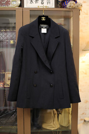 Vintage Chanel Thinner Wool Navy Double-Breasted Blazer with Black Matt Buttons 1998 FR38