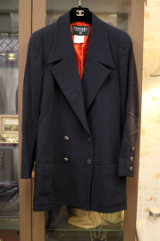 Chicest Vintage Chanel Navy Double Breasted Blazer with Amazing Red CC Lining and Silver Buttons FR36 1997