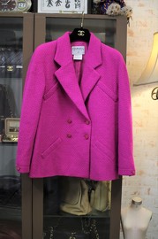Vintage Chanel Shocking Pink Double Breasted Wool Jacket FR42 from 1995