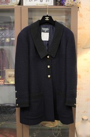 Vintage Chanel Navy X Navy Trim Colourblock Wool Boucle Jacket Size FR40 Medium Length