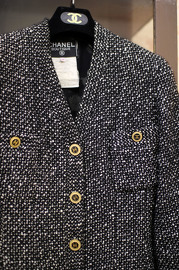 Vintage Chanel Black and White Long Tweed Jacket FR34 from 1993