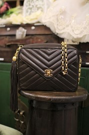 Super Rare Vintage Chanel Brown Lambskin Chevron Camera Tassel Bag from 80s