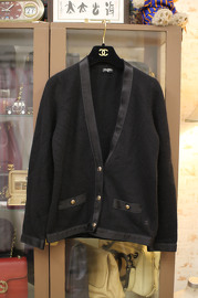 Vintage Chanel Black Cashmere Cardigan with Same Colour Black Satin Trim Size M 90s