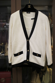 Vintage Chanel Creme x Black Satin Trim Cardigan Twin Set Size S (2 Pieces) 90s