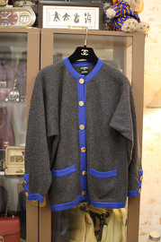 Vintage Chanel Grey x Blue Trim ColourBlock Cashmere Cardigan Size M 80s
