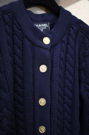Vintage Chanel Navy Heavy Cable Wool Cardigan FR40 80s Super Rare Find