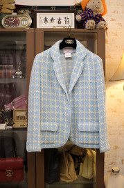Vintage Chanel Aqua Blue Checks Wool Tweed Jacket 1996 FR38