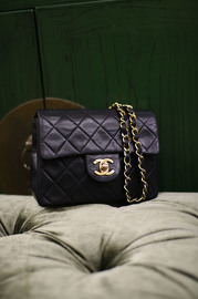 Vintage Chanel 7inch Mini Square Flap Black Quilted Lambskin Leather Shoulder Bag