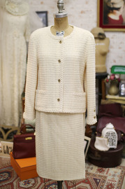 Vintage Chanel Tweed Ivory Skirt Set with Cutout CC Buttons from 80s FR42
