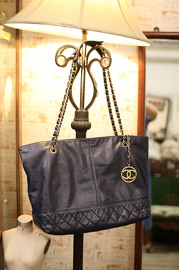 Vintage Chanel Navy Tote Bag with Zip from 1990
