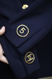 Vintage Chanel Navy Double Breasted Jacket with Awesome Embroidery on Sleeves and Lovely Big Chanel Buttons FR40