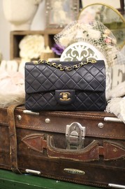 Vintage Chanel Navy Classic 2.55 23cm Wide Double Flap Bag Full Set