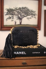 Vintage Chanel Navy Vertical Quilted Lambskin Tassel Mini Bag 19cm Wide 1991