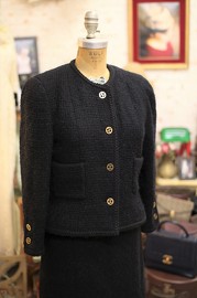 Vintage 80s Black Tweed Skirt Suit FR38