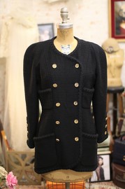 Vintage Chanel Black Tweed Double Breasted Jacket with Amazing Chanel Golden Buttons FR38 80s