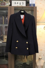 Vintage Chanel Navy Wool Double Breasted Blazer with Chicest Red CC Lining and Giant CC Golden Buttons