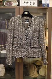 Vintage Chanel Grey Multi Tweed Jacket with Gold Threads & Black Trim FR36 90s