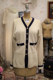 Vintage Chanel Cashmere Beige x Navy Trim Cardigan Size M 80s