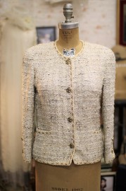 Vintage Chanel Beautiful Ivory Blue Multi Tweed Jacket with Camel Bronze Ribbon Trim FR34 Fits FR36 Gals 80s