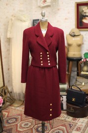 Vintage Chanel Maroon Red Wool Skirt Suit Set 80s FR40