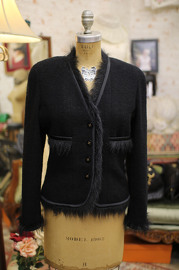 Vintage Chanel Black Bouclé Jacket with Faux Fur Trim FR36  1994